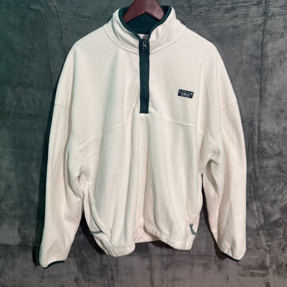 Hollister Fleece Sweater Mens XL 1/4 zip white Green Preppy Golf outdoor